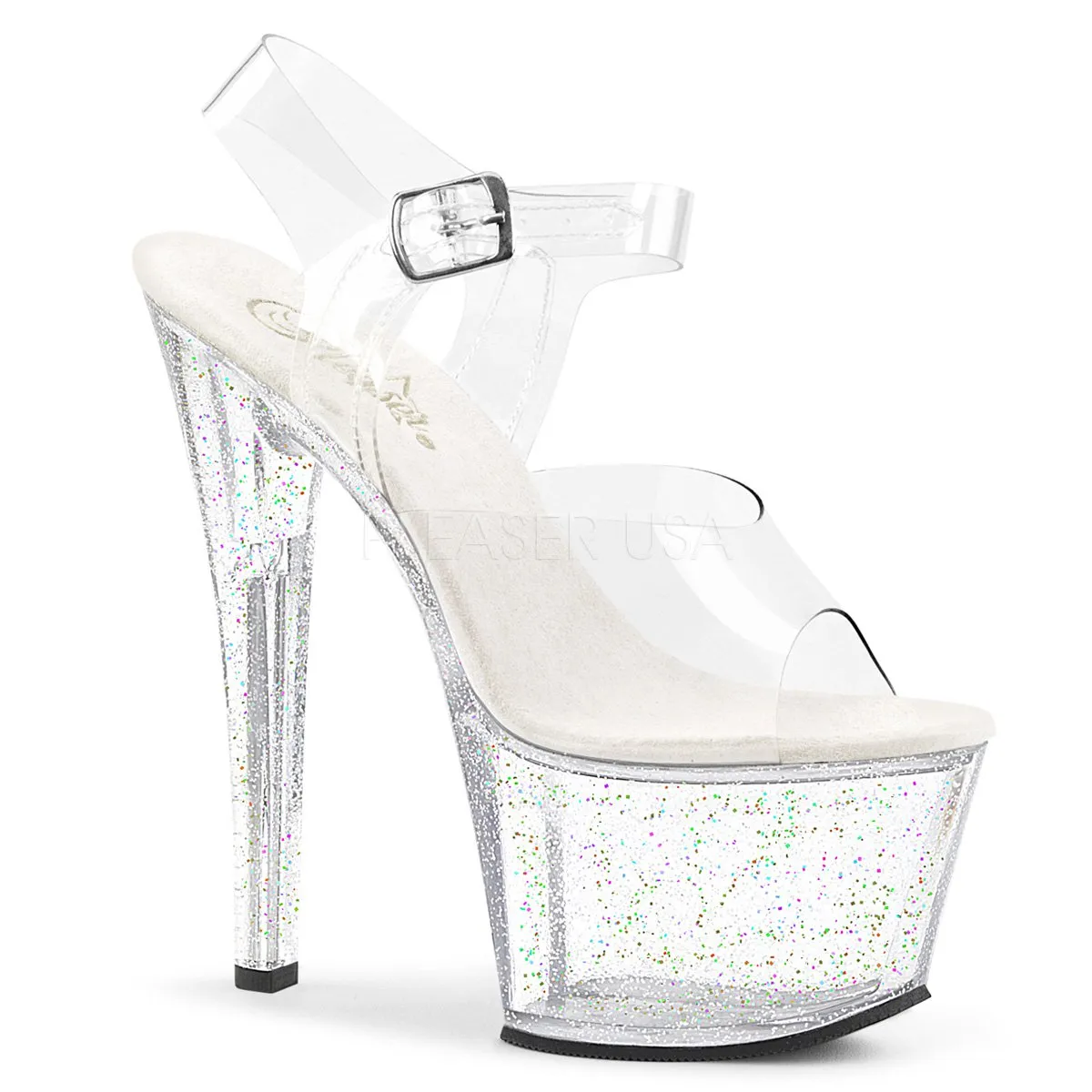 7" Heel Ankle Strap Sandal Featuring Iridescent Glitter (SKY-308MG)