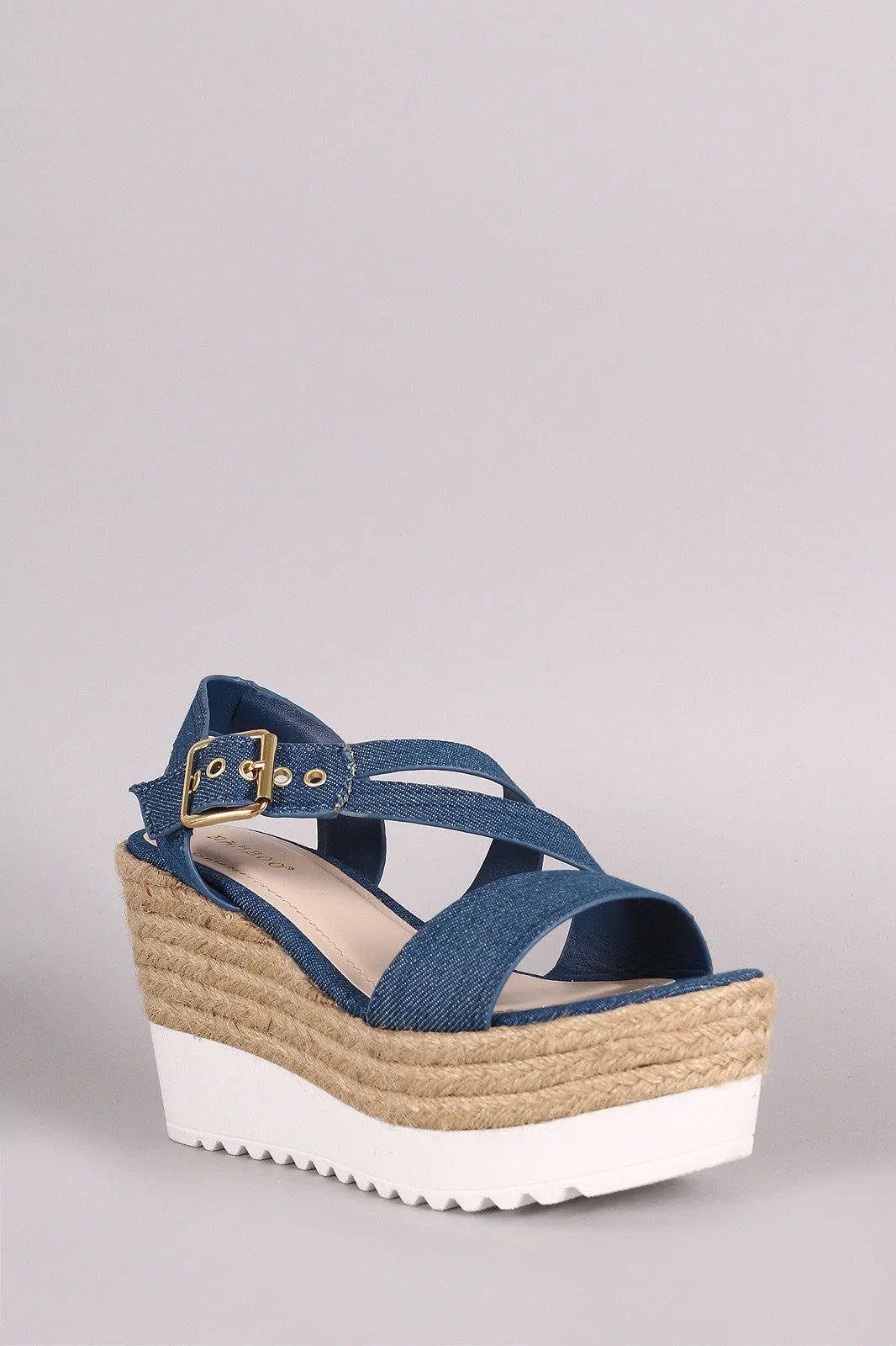 Bamboo Denim Asymmetrical Strappy Flatform Wedge