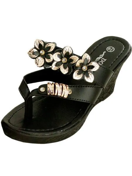 Black Floral Wedge Sandals with Gold &amp; Jewel Accents (Available in a pack of 1)