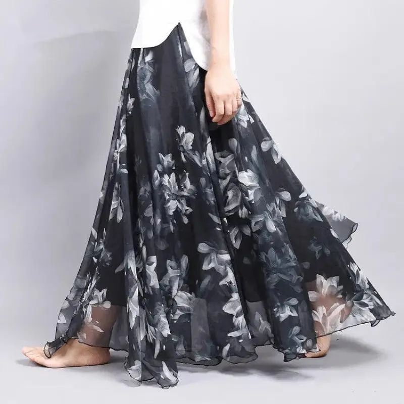 Bohemian Printed Chiffon Mid-length Skirt, Floral Skirt, A-line Skirt, Large Swing Female Skirt, Beach Long Skirt