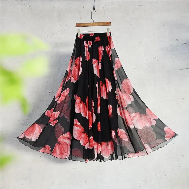 Bohemian Printed Chiffon Mid-length Skirt, Floral Skirt, A-line Skirt, Large Swing Female Skirt, Beach Long Skirt