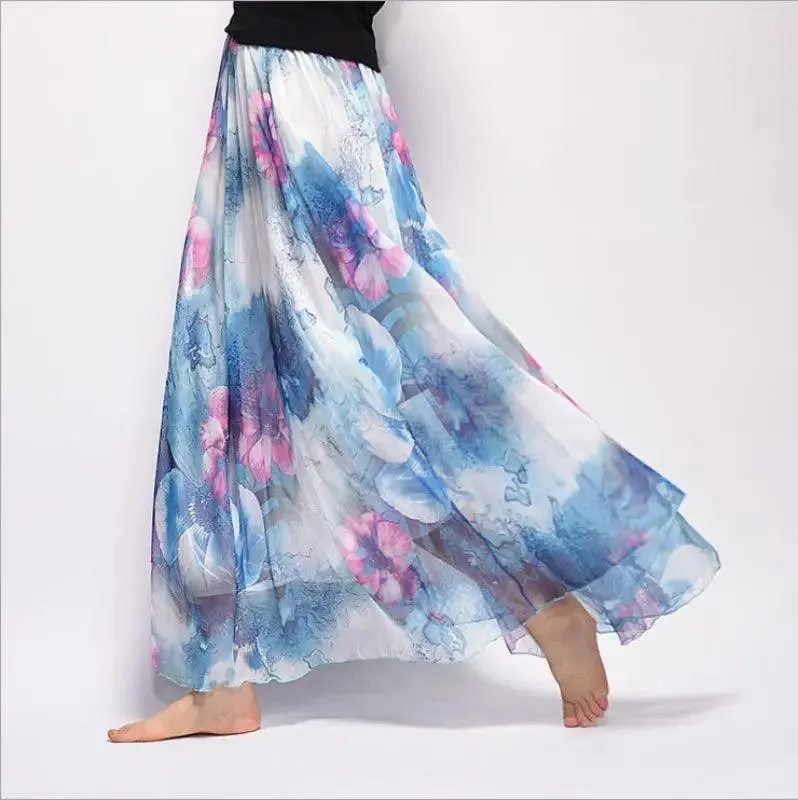 Bohemian Printed Chiffon Mid-length Skirt, Floral Skirt, A-line Skirt, Large Swing Female Skirt, Beach Long Skirt