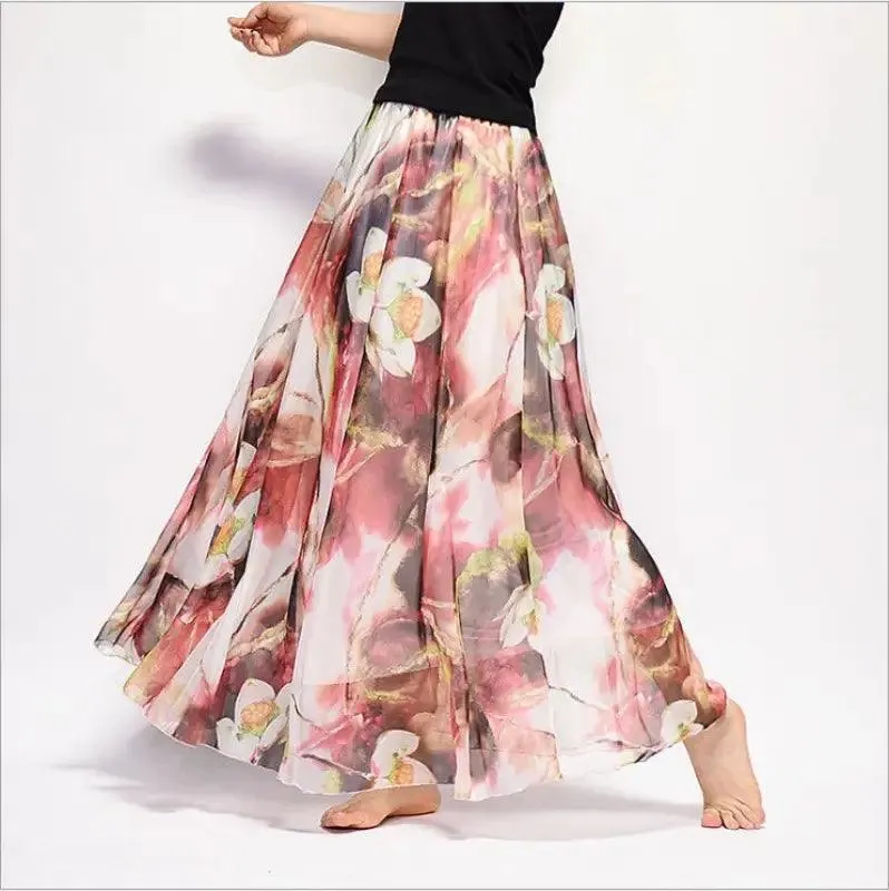 Bohemian Printed Chiffon Mid-length Skirt, Floral Skirt, A-line Skirt, Large Swing Female Skirt, Beach Long Skirt