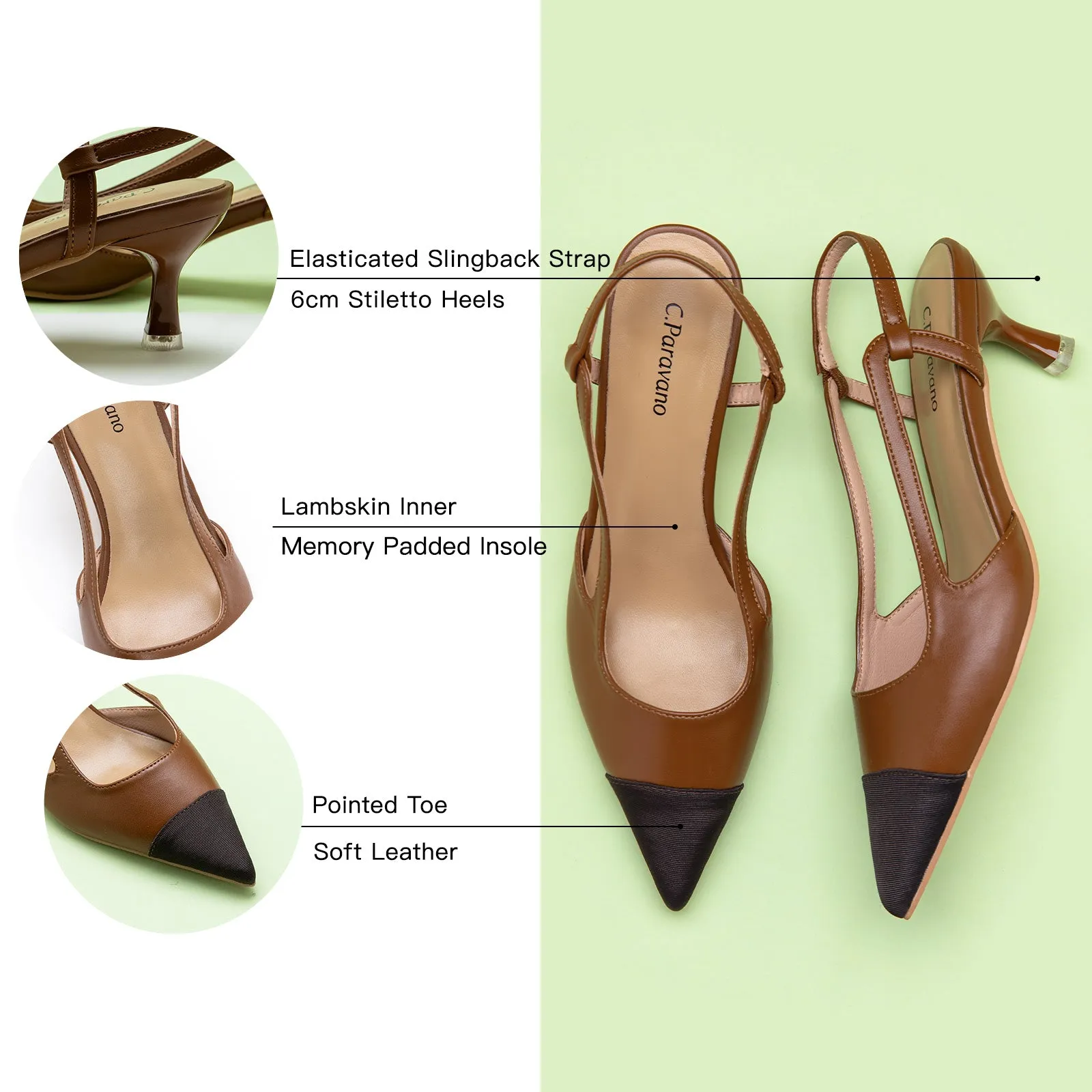 Cap-Toe Slingback Pumps (Helen) Brown