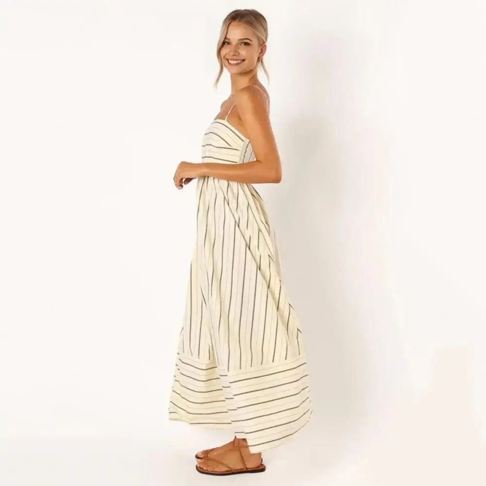 Chic Striped Backless Maxi Sundress with A-line Silhouette for Summer Beach Getaways