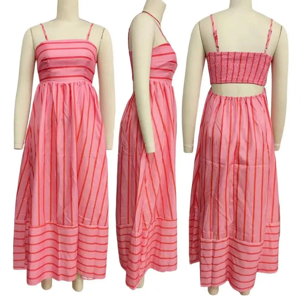 Chic Striped Backless Maxi Sundress with A-line Silhouette for Summer Beach Getaways