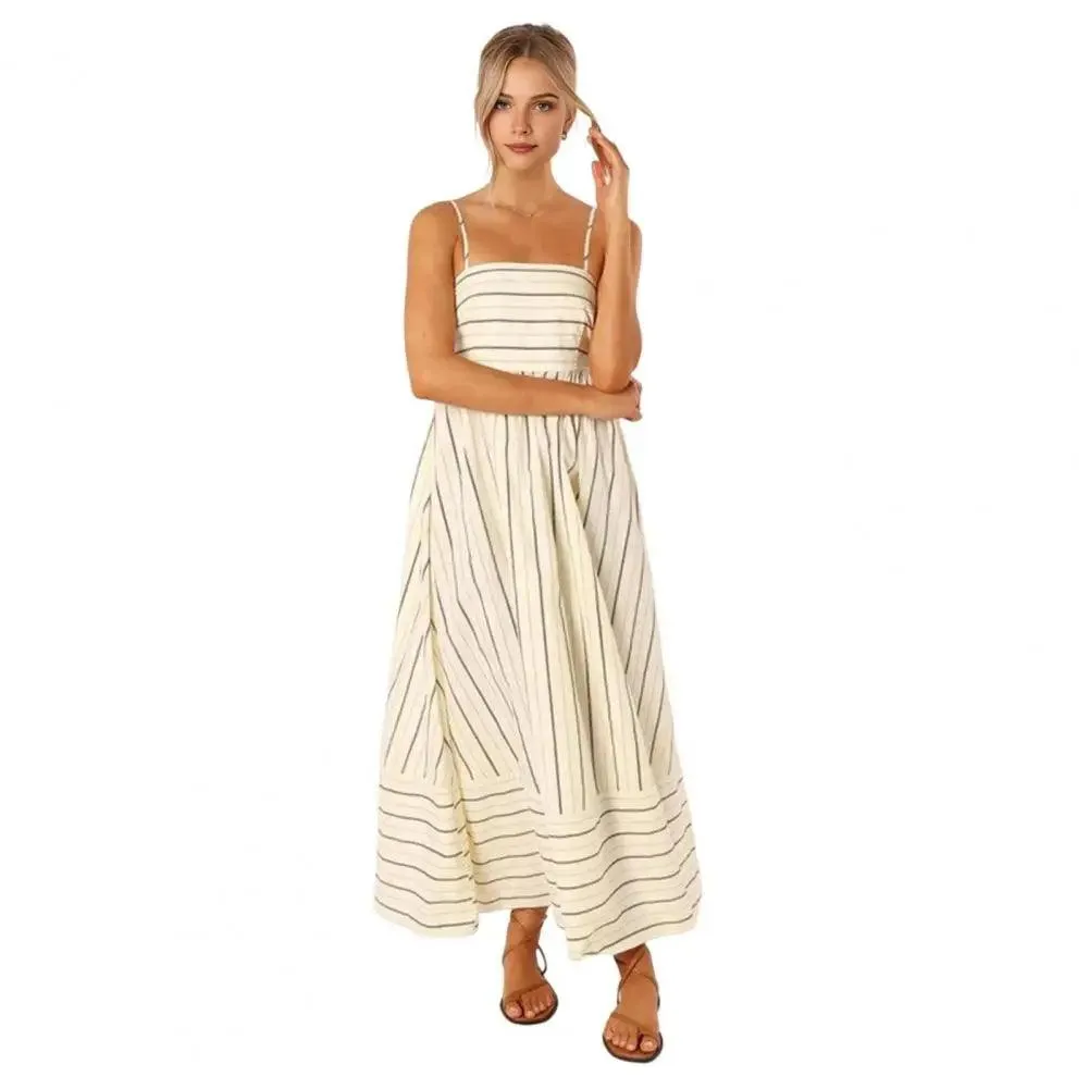 Chic Striped Backless Maxi Sundress with A-line Silhouette for Summer Beach Getaways