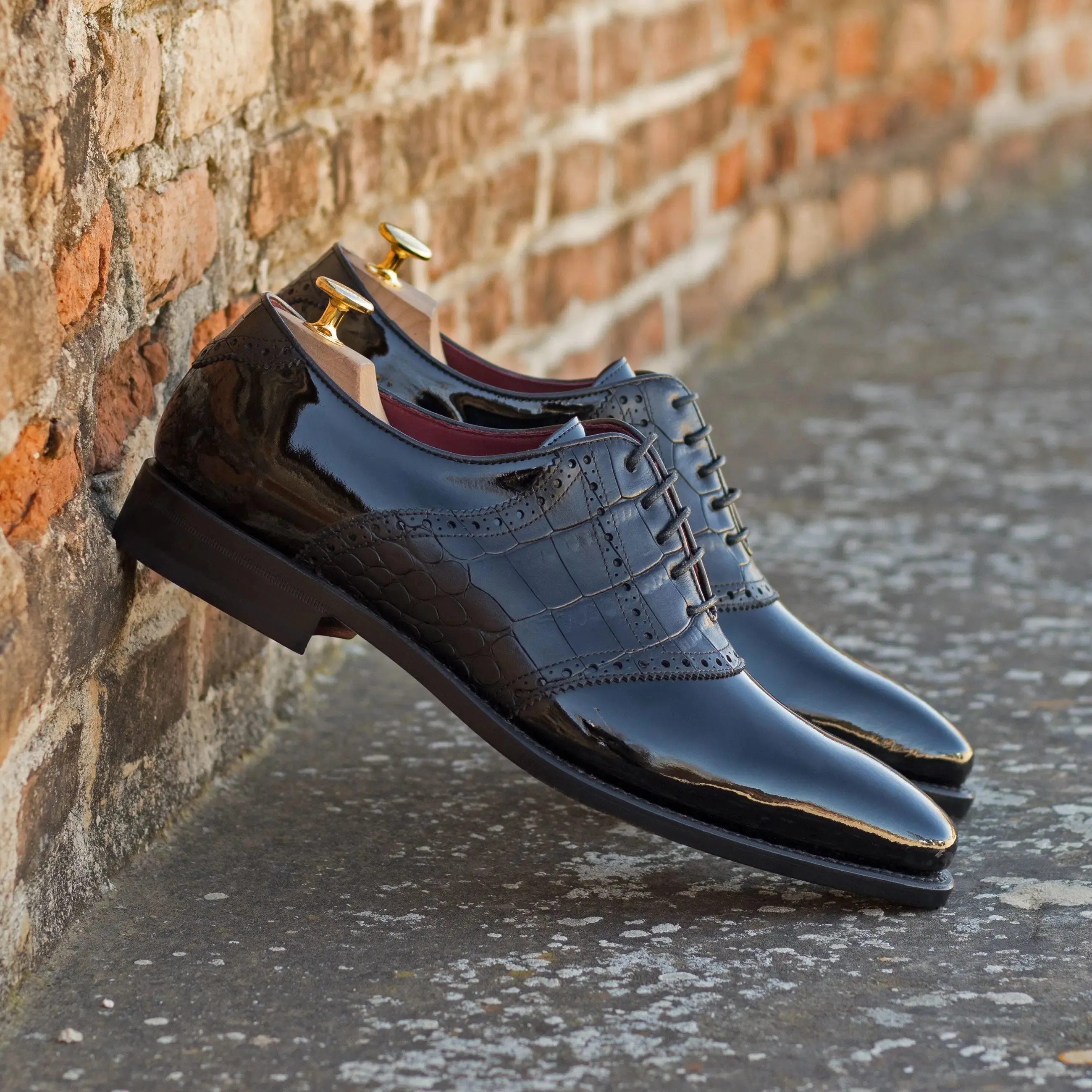 DapperFam Fabrizio in Black Men's Embossed & Italian Patent Leather Saddle