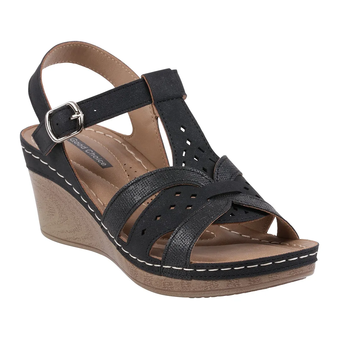 Darry Black Perforated T-Strap Slingback Wedge Sandals