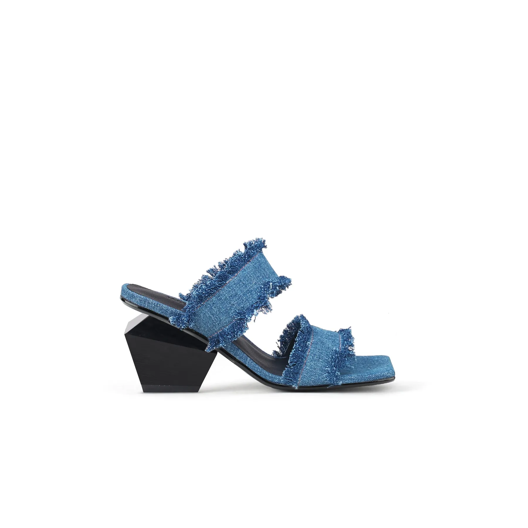 Double Strap Fringed Denim Square Toe Mules