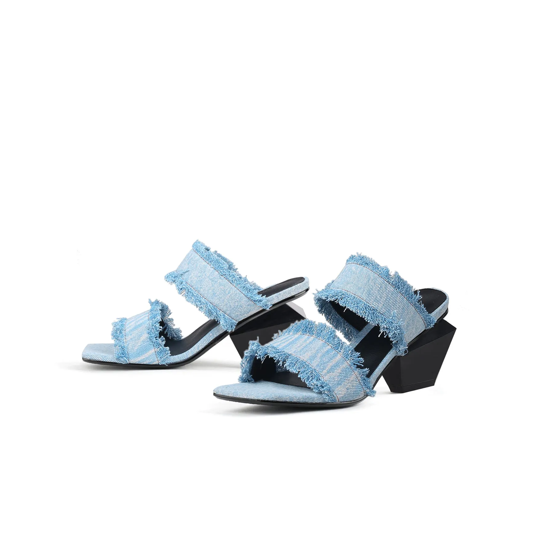 Double Strap Fringed Denim Square Toe Mules