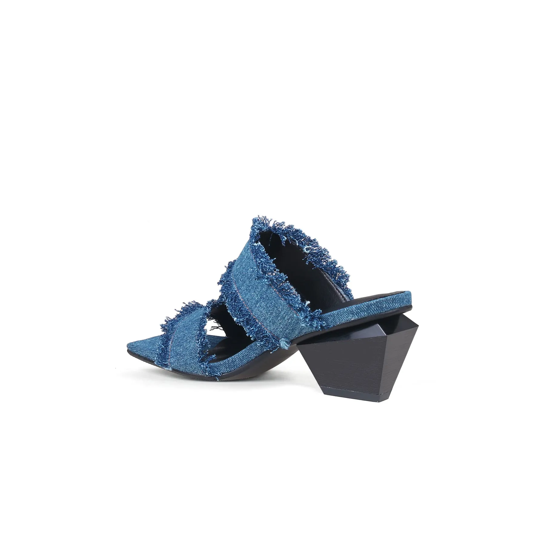 Double Strap Fringed Denim Square Toe Mules