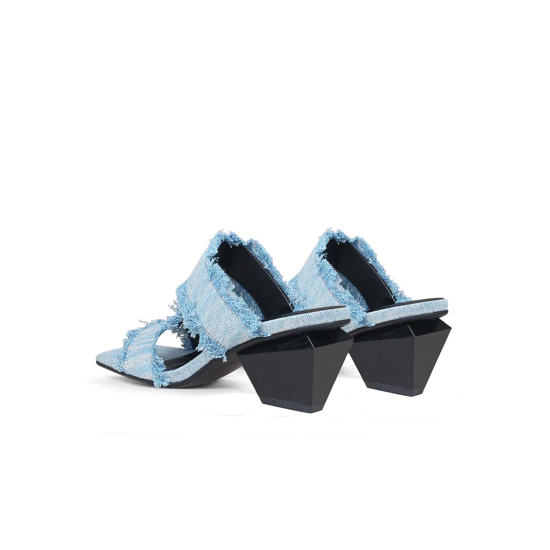 Double Strap Fringed Denim Square Toe Mules