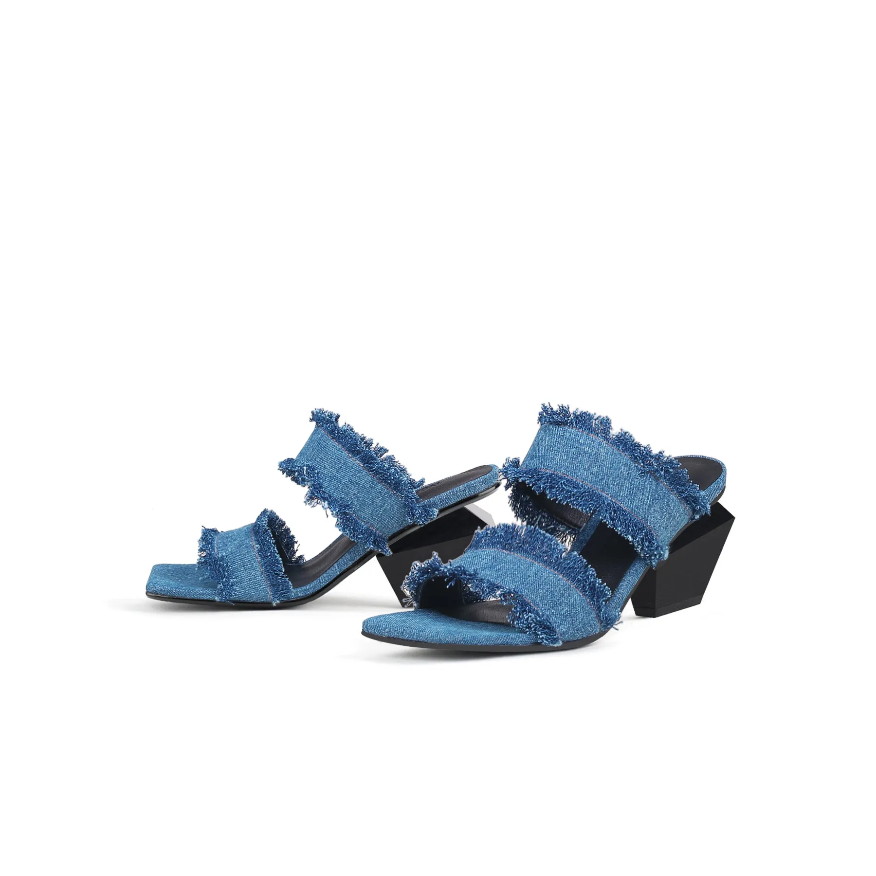 Double Strap Fringed Denim Square Toe Mules