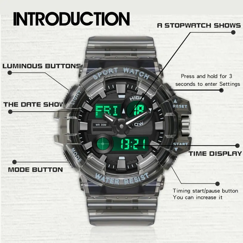 Findtime Military Digital Watch for Men Tactical LED Large Face Transparent Design Outdoor Sport Watch Stopwatch Alarm Waterproof