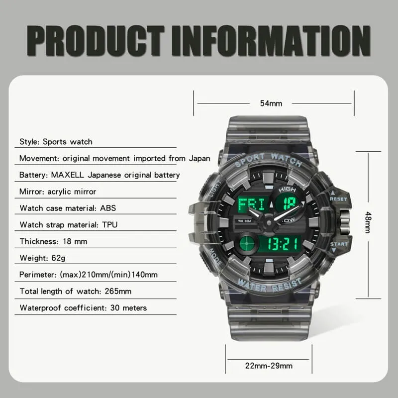 Findtime Military Digital Watch for Men Tactical LED Large Face Transparent Design Outdoor Sport Watch Stopwatch Alarm Waterproof