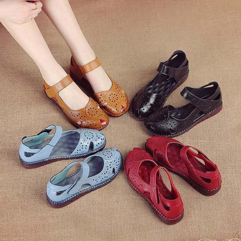 Holed Leather Women Flat Sandals