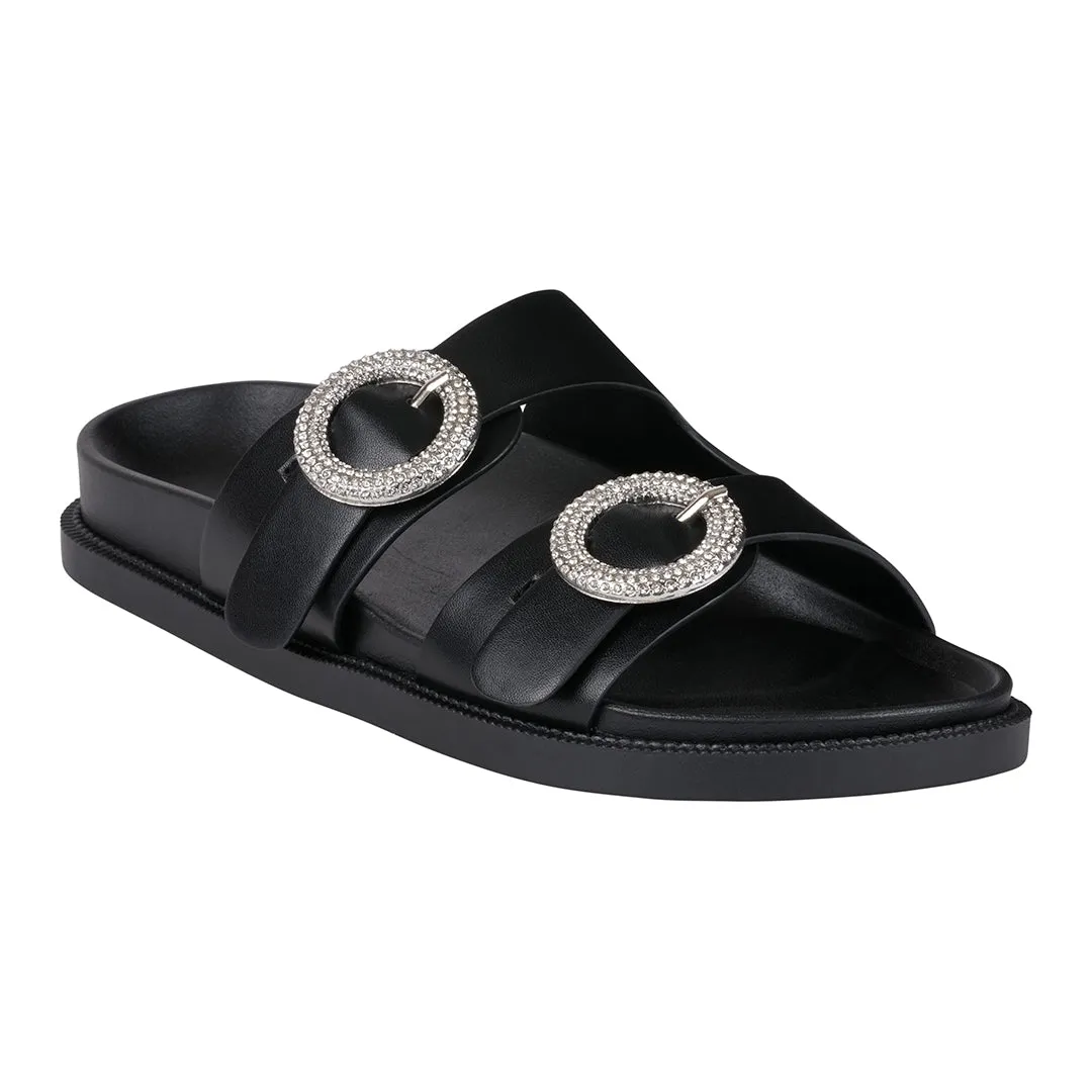 Jordyn Black Double Band Embellished Slide Footbed Sandals