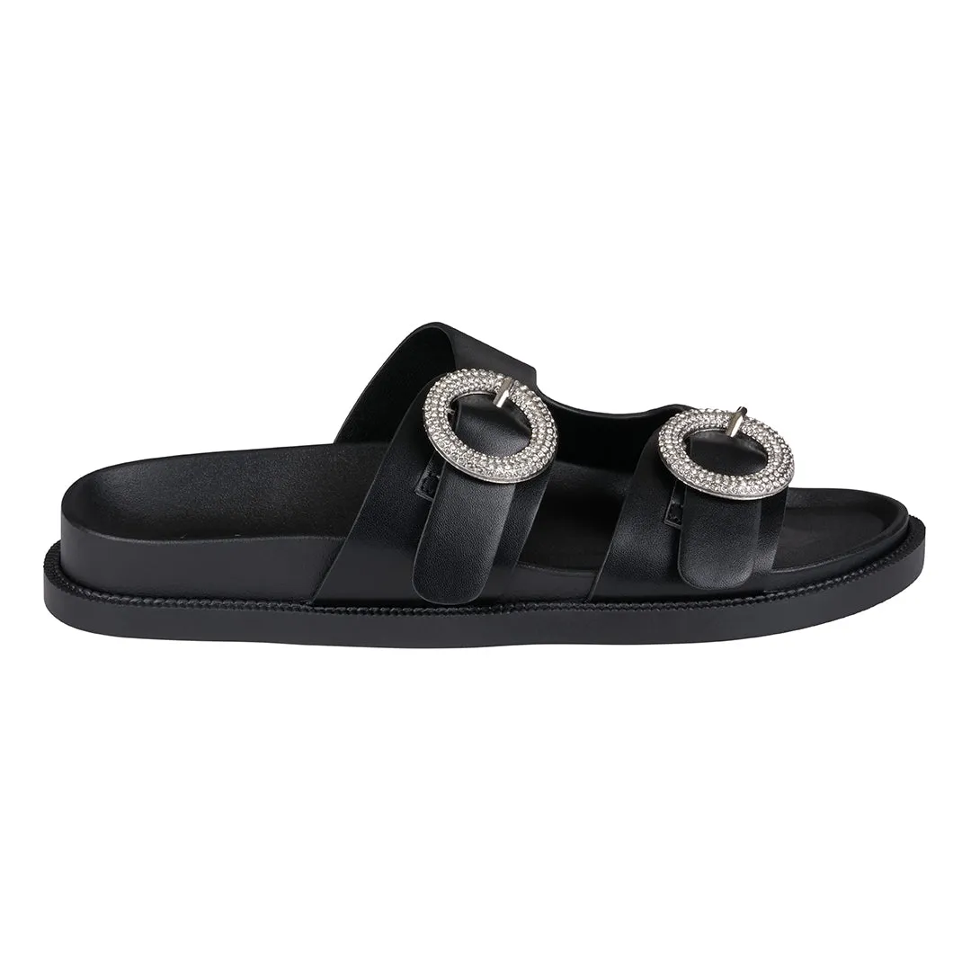 Jordyn Black Double Band Embellished Slide Footbed Sandals