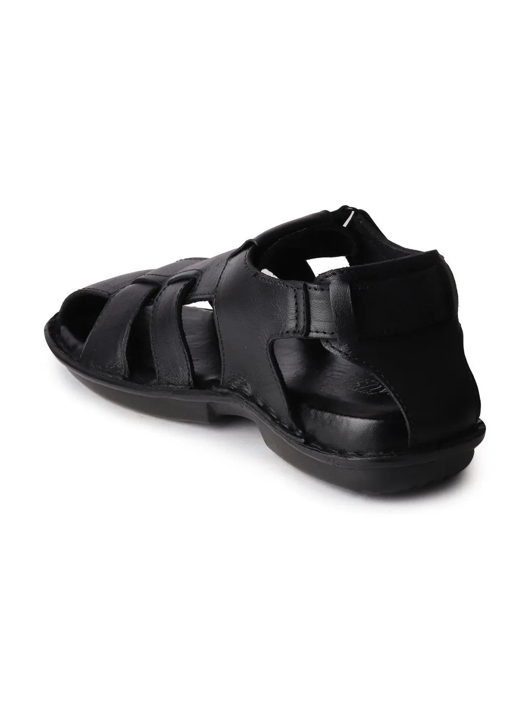 Men Black Formal Leather Hook & Loop Flat Sandals