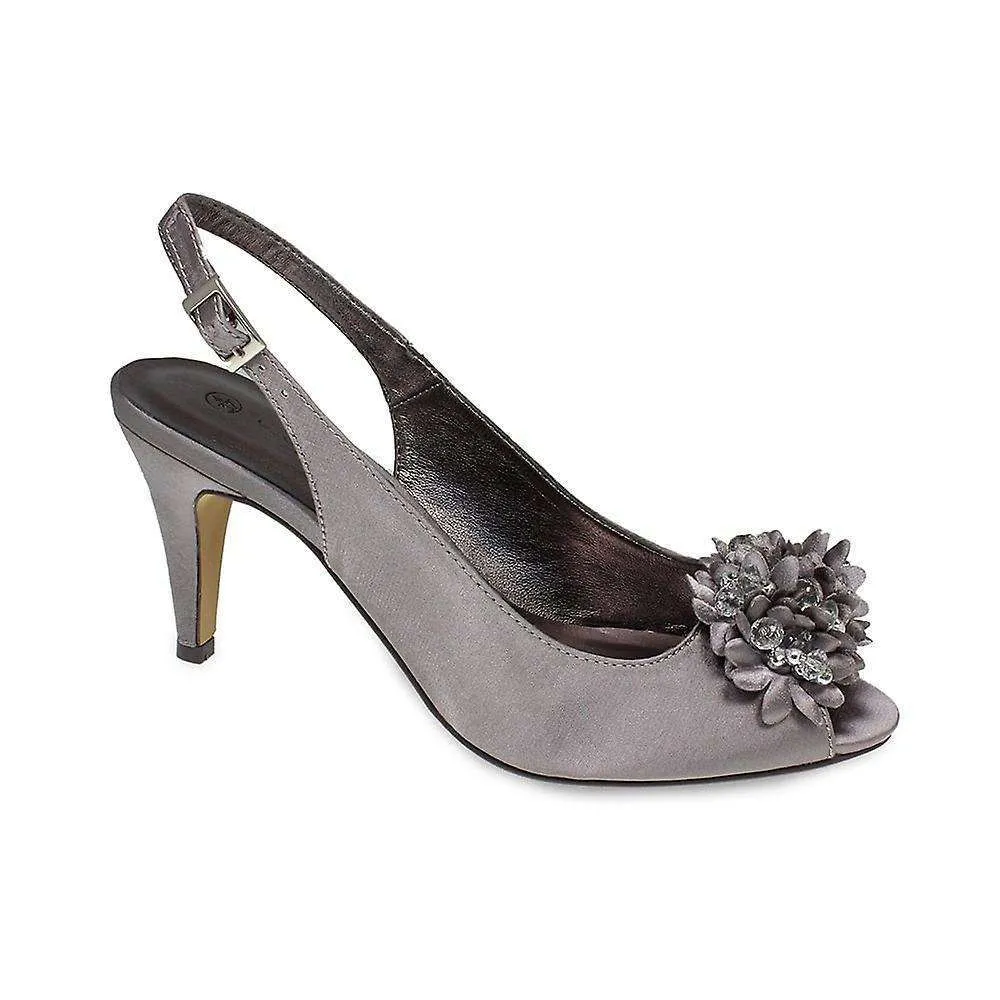 Mid Heel Slingback Peep Toe Corsage Lunar Sabrina Satin Dark Grey