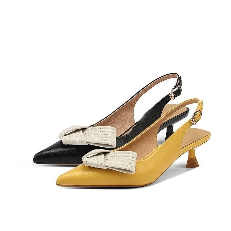 Pointed-Toe Bowknot Slingback Sandals for Women in Full Leather