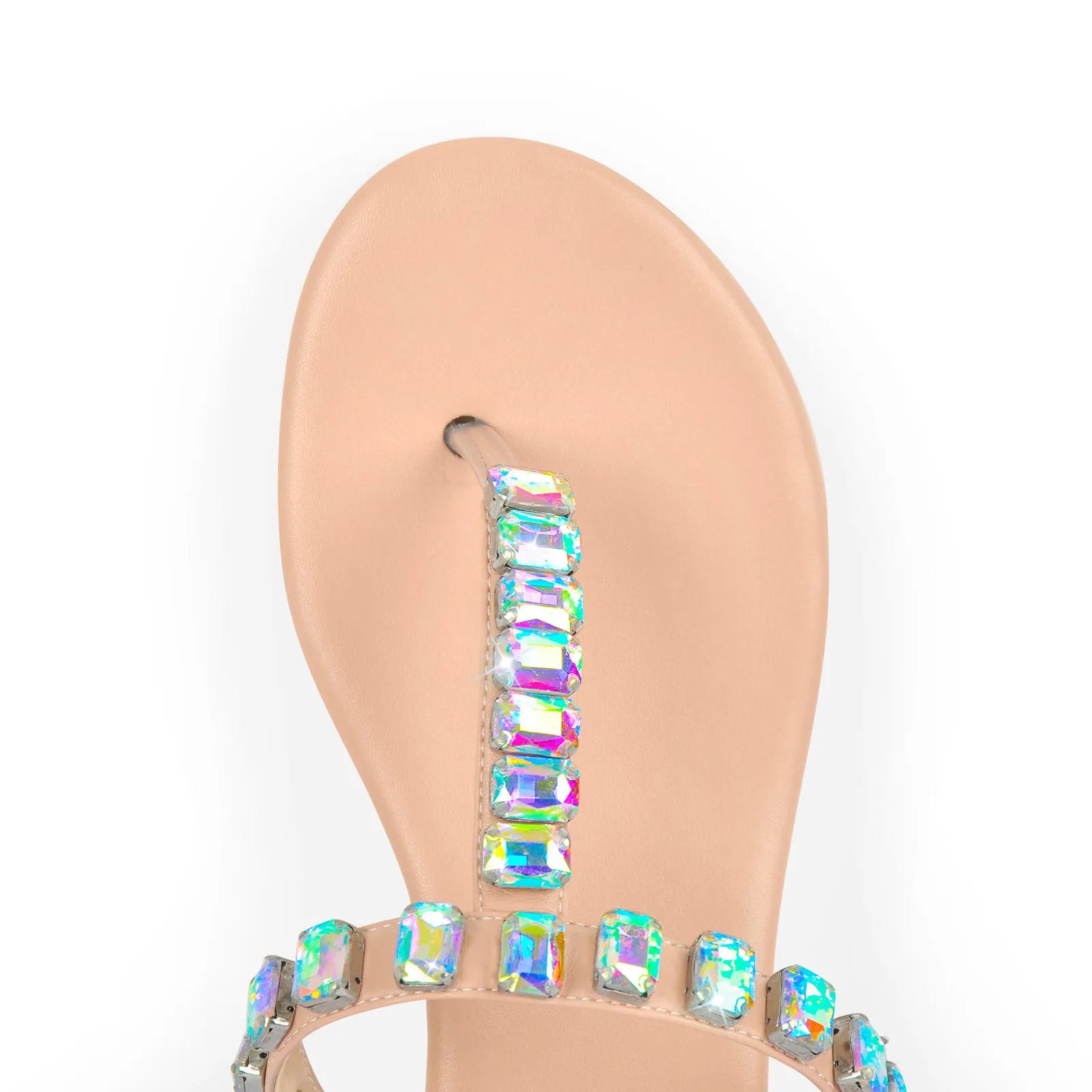 Rhinestone Flat T-Strap Thong Sandals