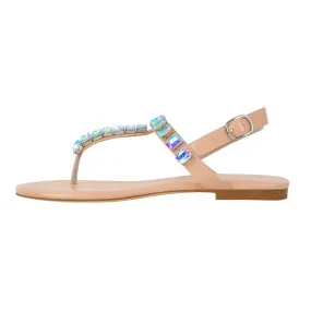 Rhinestone Flat T-Strap Thong Sandals