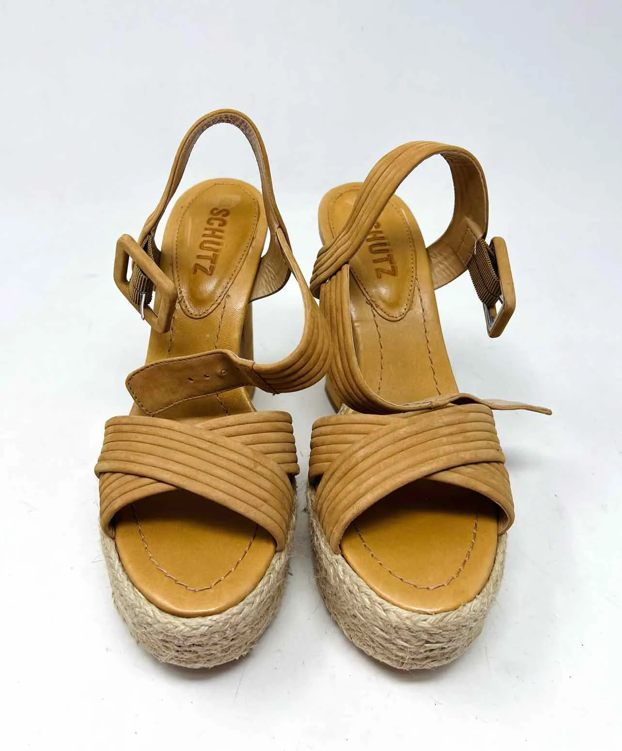 Size 6 Tan Crisscross Platform Designer Heels