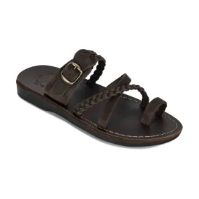 Sophia Buckle - Leather Braided Slide Sandal | Brown Nubuck