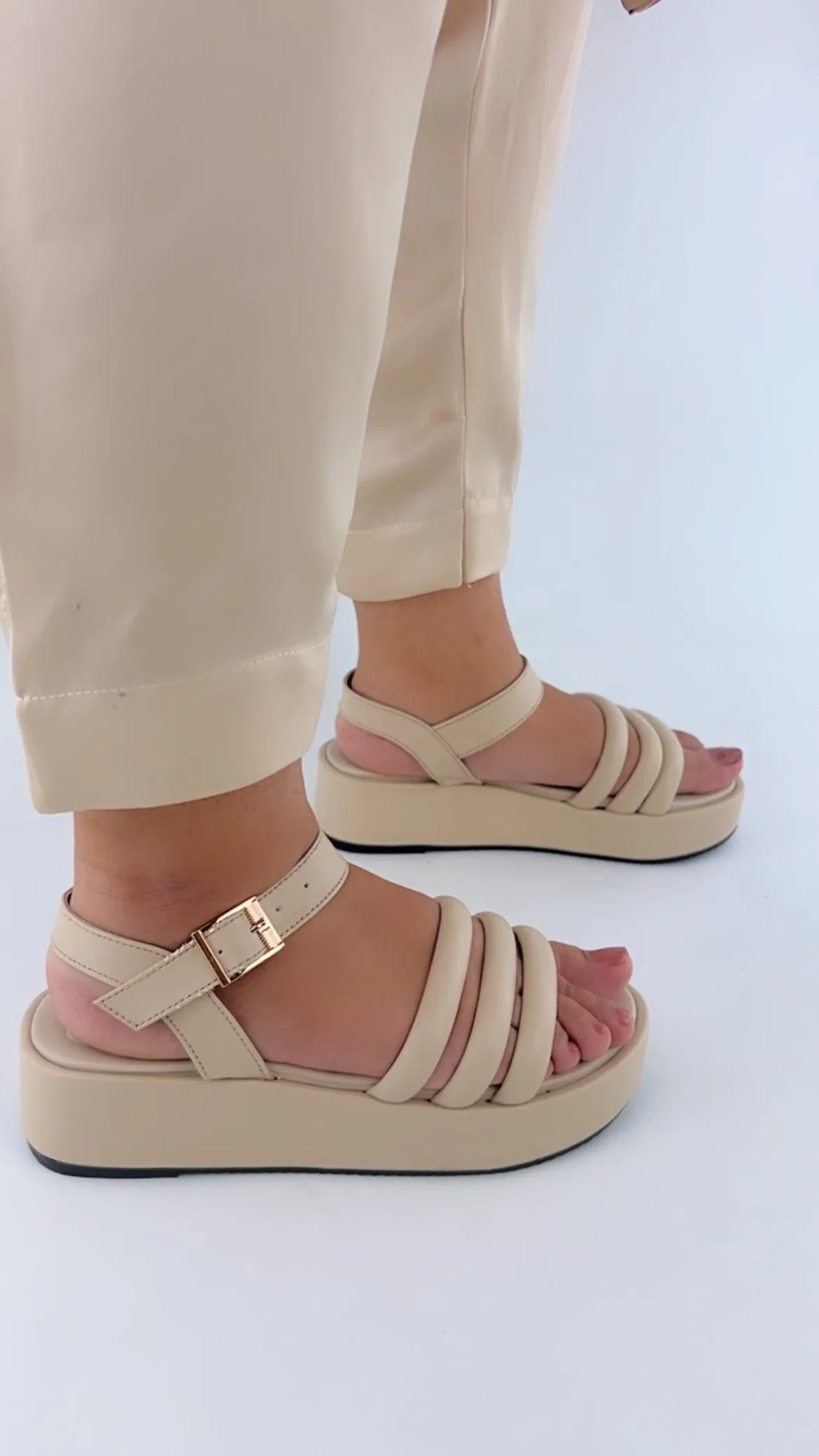 Spunkz Beige Patent Comfy Ankle Strap Platform Wedge Sandals