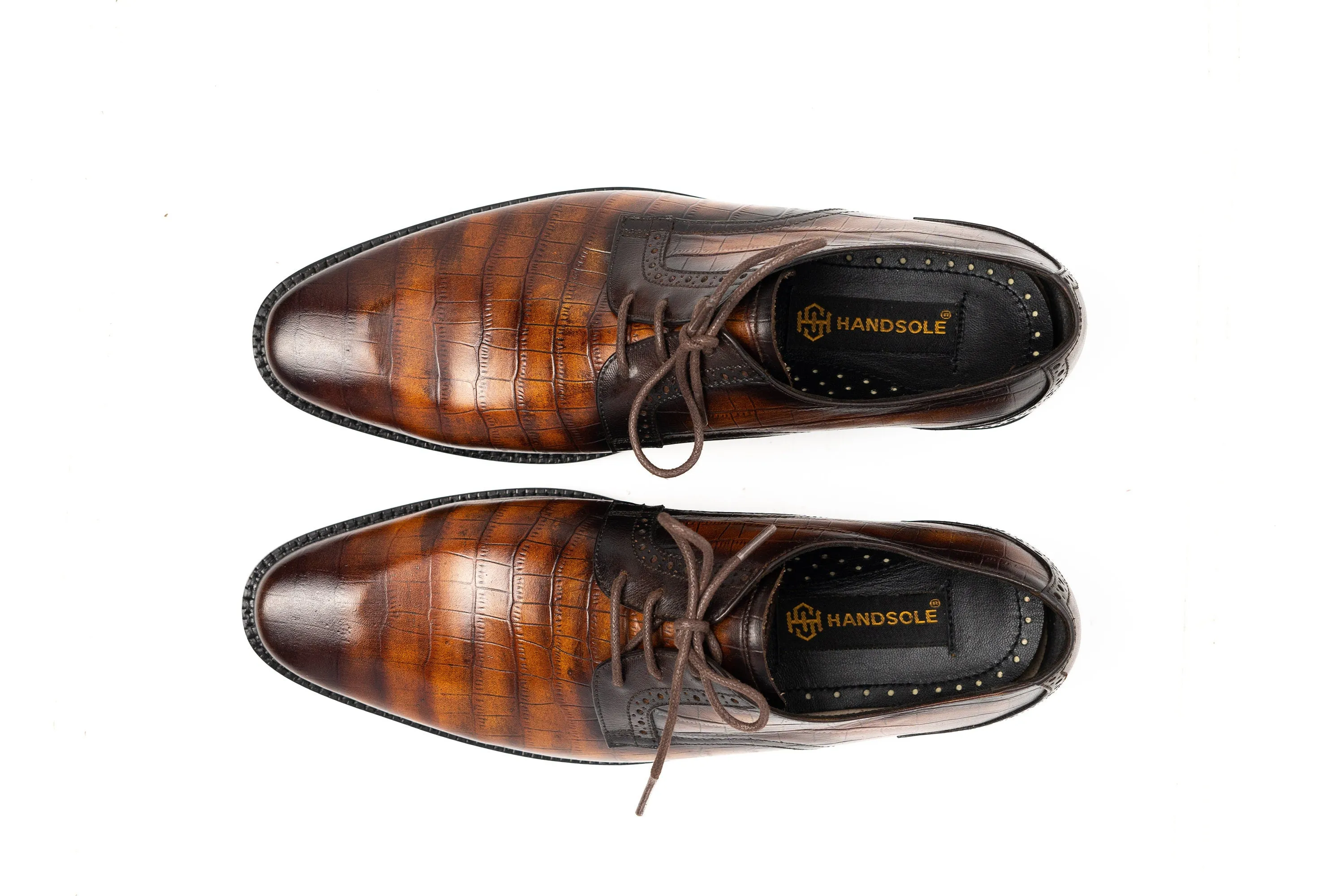 Two Tone Hand Dyed Patina Crocodile Leather Derby Shoes