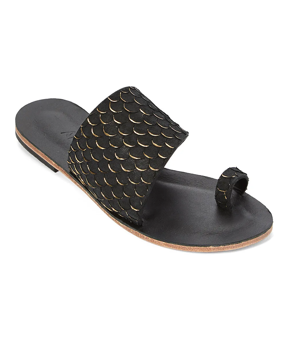 Wilshire Blvd - Classic Slide with Toe Loop And Real Fish Scale Leather | Black